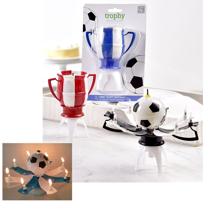 1 Trophy Soccer Ball Music Birthday Candle Rotating Spin Magic Cake Topper Party