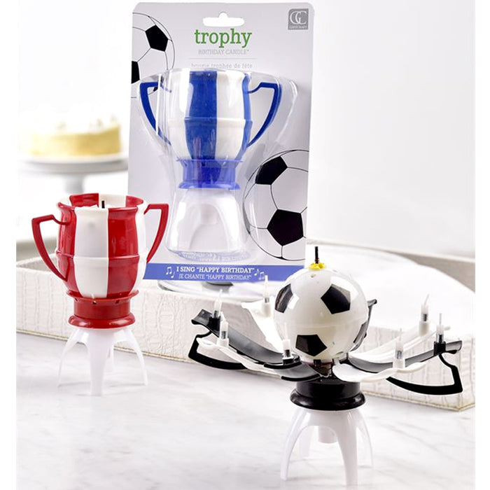 1 Trophy Soccer Ball Music Birthday Candle Rotating Spin Magic Cake Topper Party