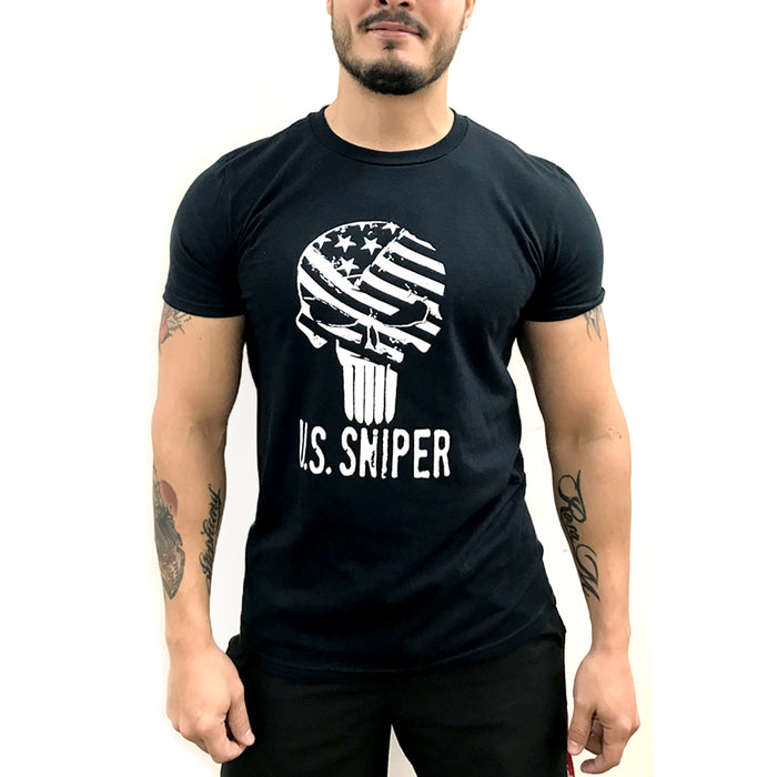 Mens T-Shirt American Flag Skull Punish Sniper Military USA Army Tee Top Black S