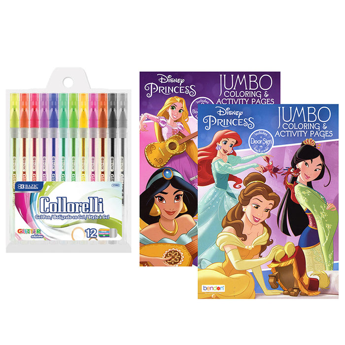 14 Pc Disney Princess Coloring Books Set Activity Pad Kids Drawing Glitter Pens