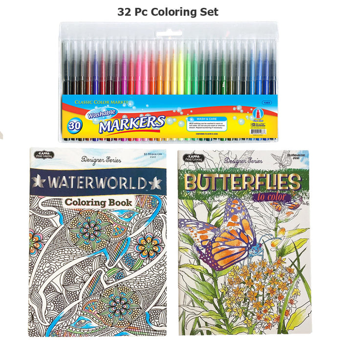 32 Pc Coloring Book Set Markers Stress Relieving Washable Pen Drawing Kids Adult