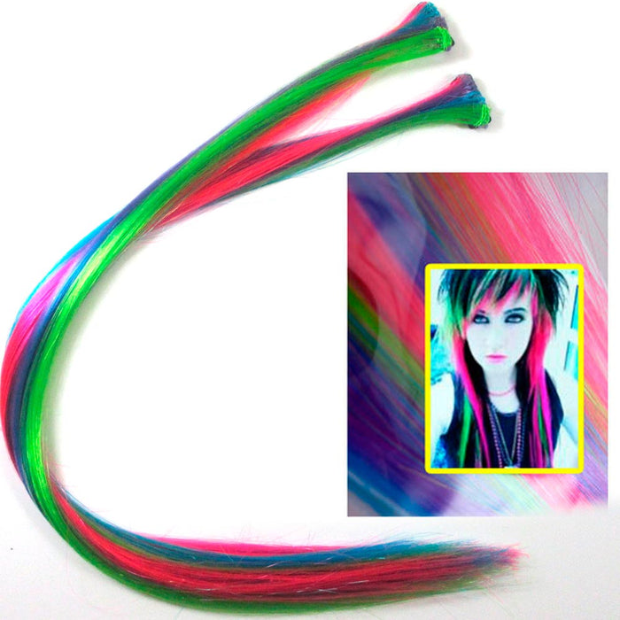 2Pc Hair Extension Clip In Comb 18in Rainbow Neon Highlight Colors Costume Party