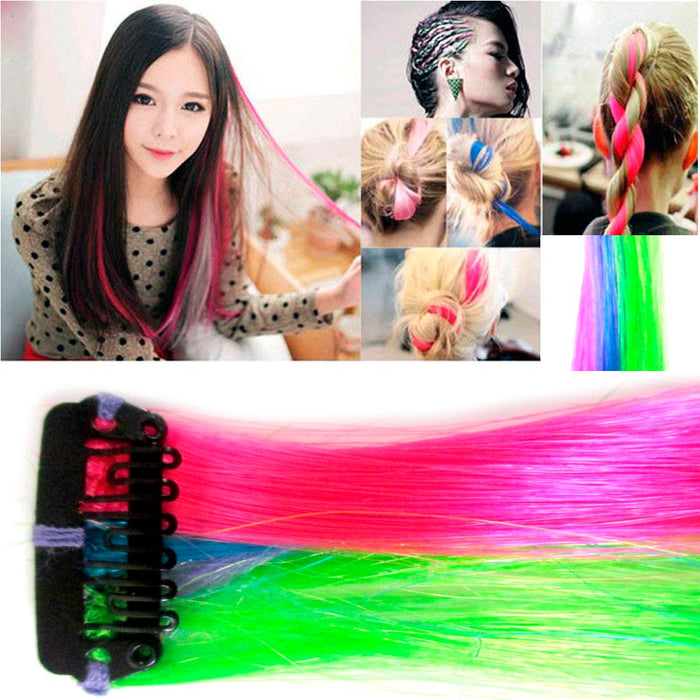 6Pc Hair Extension Clip In Comb 18" Rainbow Neon Highlight Colors Costume Party
