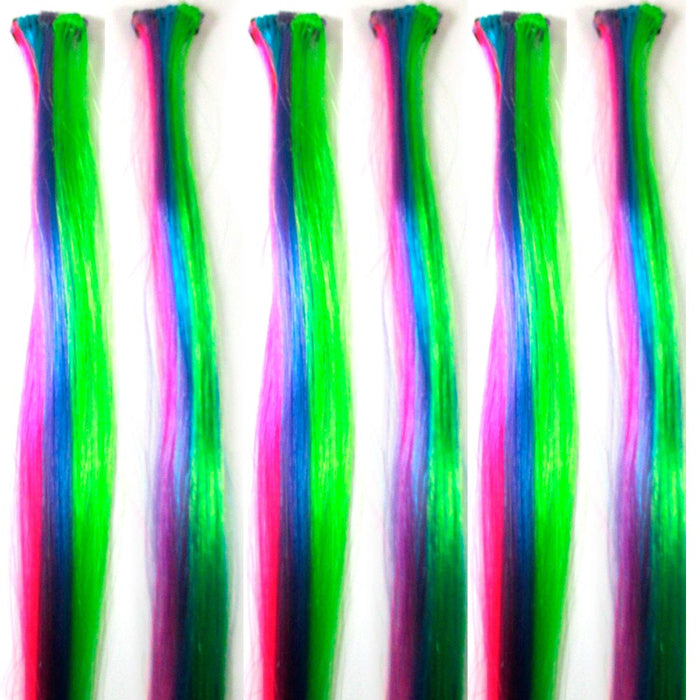 6Pc Hair Extension Clip In Comb 18" Rainbow Neon Highlight Colors Costume Party