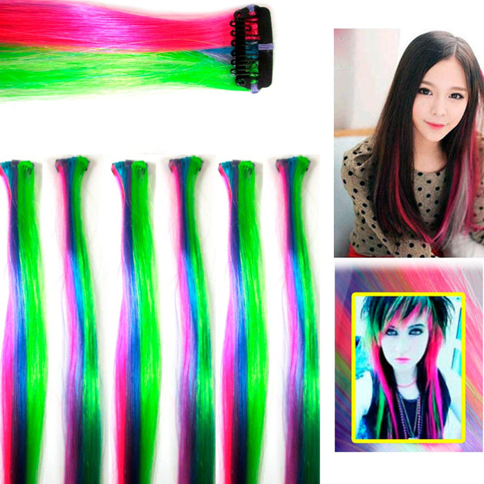 6Pc Hair Extension Clip In Comb 18" Rainbow Neon Highlight Colors Costume Party