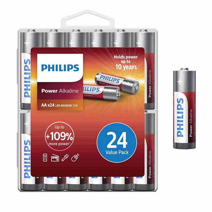 24 Pc Philips AA Power Alkaline Batteries 1.5V Exp 2029 Long Lasting Bulk