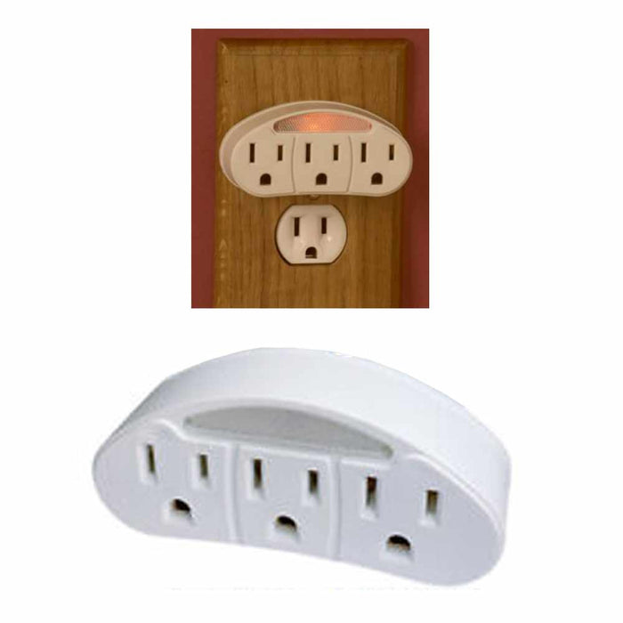 2 Pc 3 Outlet Prong Indoor Grounded AC Power Light Wall Tap with Sensor Adapter
