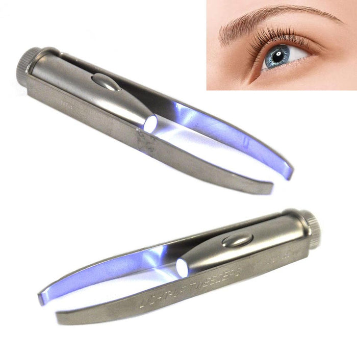 2 Pack Portable Tweezer With LED Light Hair Removal Eyebrow Beauty Make Up Tools