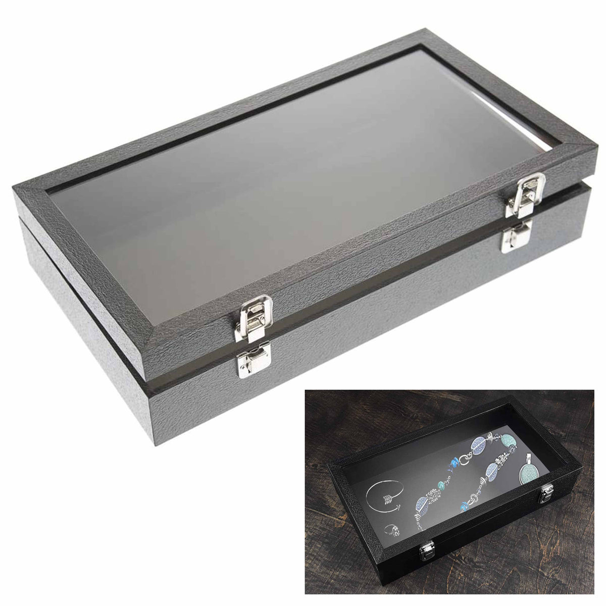 1 Glass Top Black Jewelry Box Gem Gemstone Display Case Holder Clear L ...