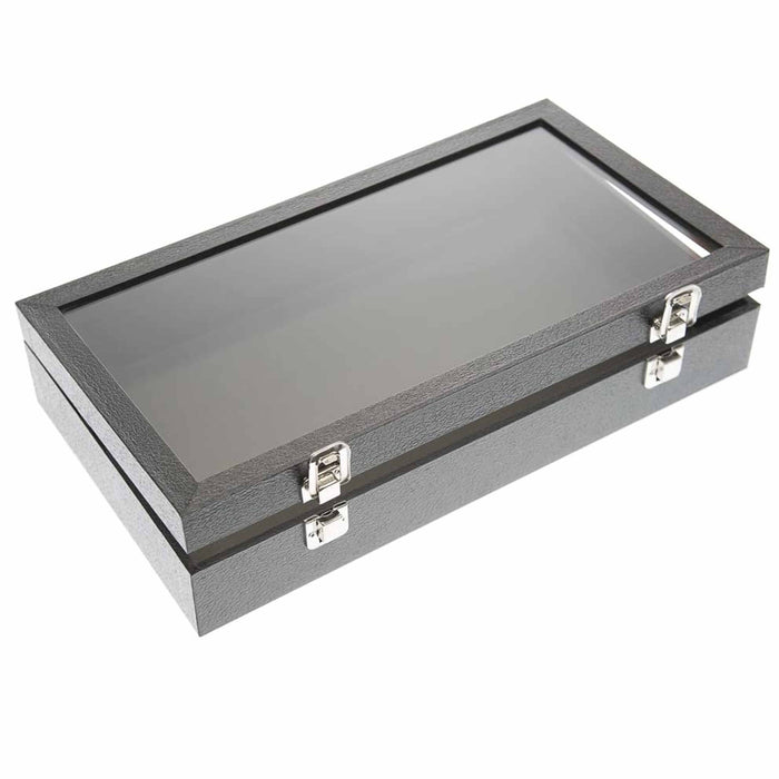2 Jewelry Display Case Box Glass Top Black Gem Clear Lid Storage Gemstone Holder