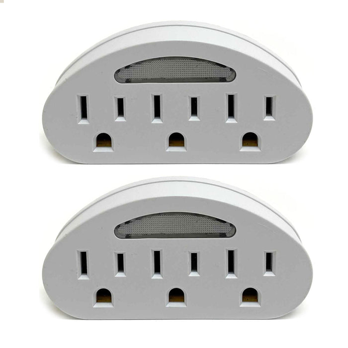 2 Pack 3 Outlet Wall Plug With Sensor Night Light Grounded AC Power Tap Adapter
