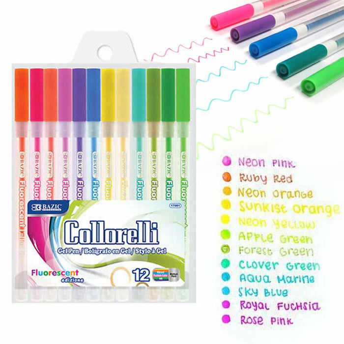 12Pc Gel Pens Bright Neon Colored Fluorescent Art School Sketch Drawing Coloring