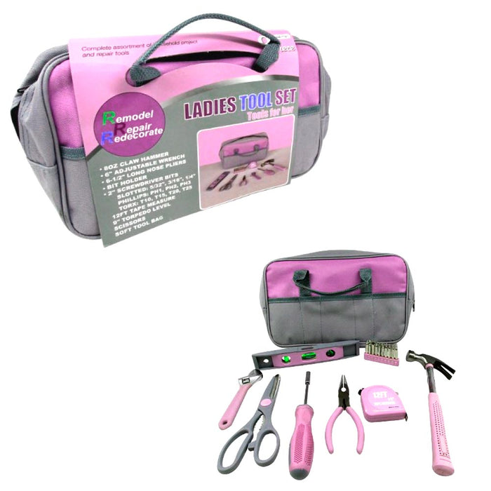 9pc Ladies Tool Bag Pink Set Hammer Screwdriver Tape Measure Wrench Pliers Level