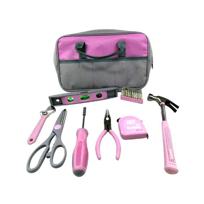 9pc Ladies Tool Bag Pink Set Hammer Screwdriver Tape Measure Wrench Pliers Level