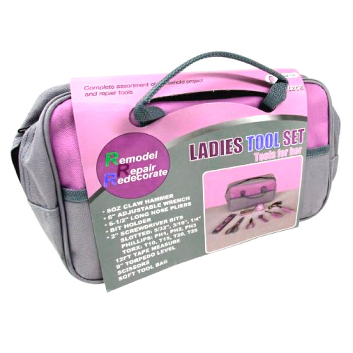 9pc Ladies Tool Bag Pink Set Hammer Screwdriver Tape Measure Wrench Pliers Level