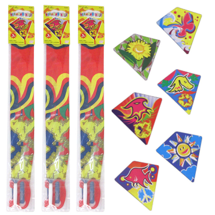 3 Pc Diamond Kite 24" x 26" Flyers Fun Kids Breeze Beach Outdoor Games Plastic