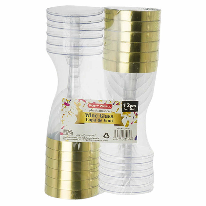 12 Disposable Plastic Champagne Flute Wine Glasses Wedding Clear Gold Rim 5oz