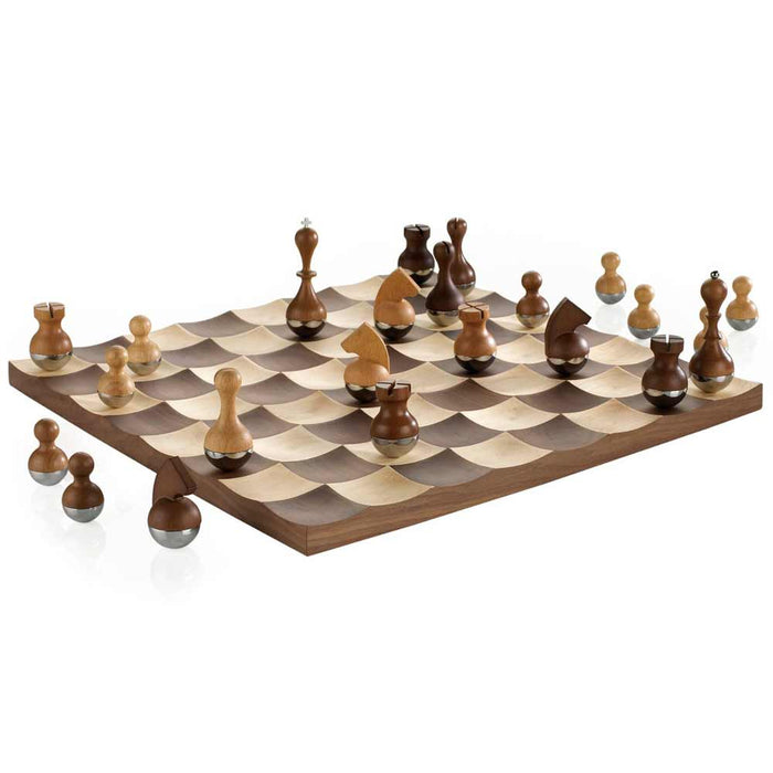 Umbra Wobble Chess Set Wooden Curvy Modern Collectors Gift Wood Board Home Decor
