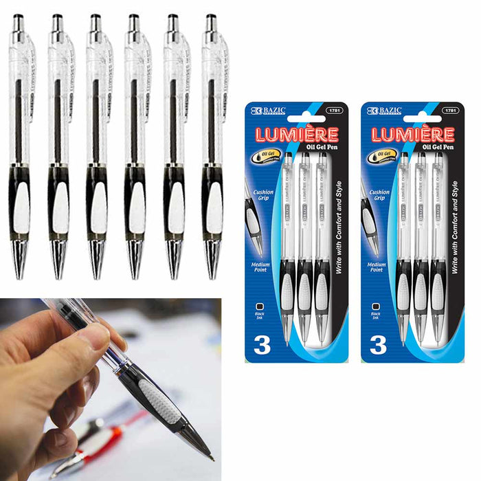 6 Pc Oil Gel Pens Black Ink Cushion Grip Smooth Writing School Sketch Drawing