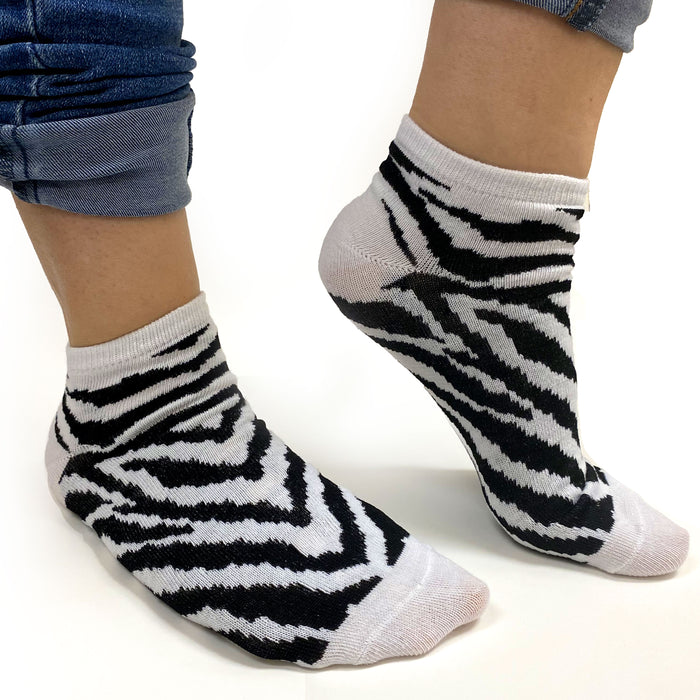 Lot 12 Pair Womens Girls Ankle Low Cut Socks Size 9-11 Cotton Zebra Animal Print