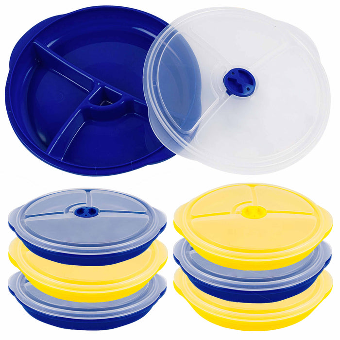 6 Pk Meal Prep Food Storage 3-Section Plate W/ Lids Container Portion Control