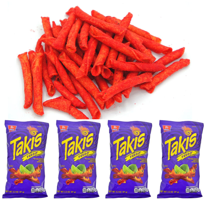 4 Pk Barcel Takis Fuego Hot Chili Pepper Lime Tortilla Chips Spicy Snacks 3.2 OZ