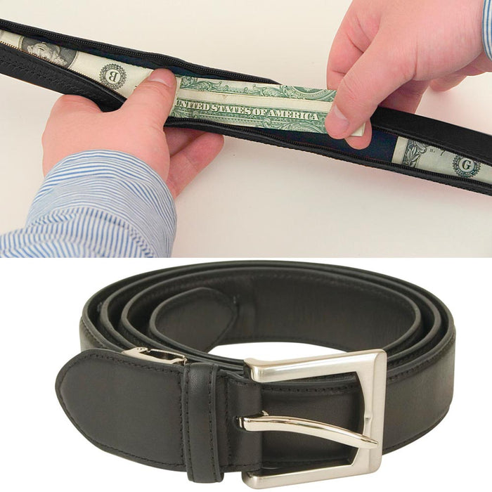 Travelon Zippered Money Belt Leather Black One Size 32"-46" Travel Waist Wallet