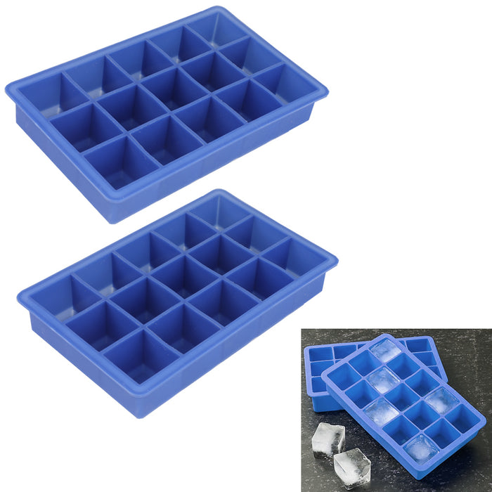 2 Ice Cube Tray Large Mold 15 Big 1.25x1.25 Inch Square Candy Cubes Silicon Tray