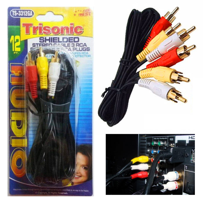 12ft Shielded Stereo Cable RCA Plug AV Audio Video DVD VCR TV Gold Plated Jacks