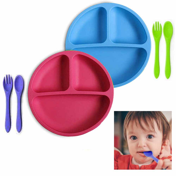 2 Pk Toddler Plates Set 3 Section Divided Baby Feeding Plate Non-Toxic BPA Free