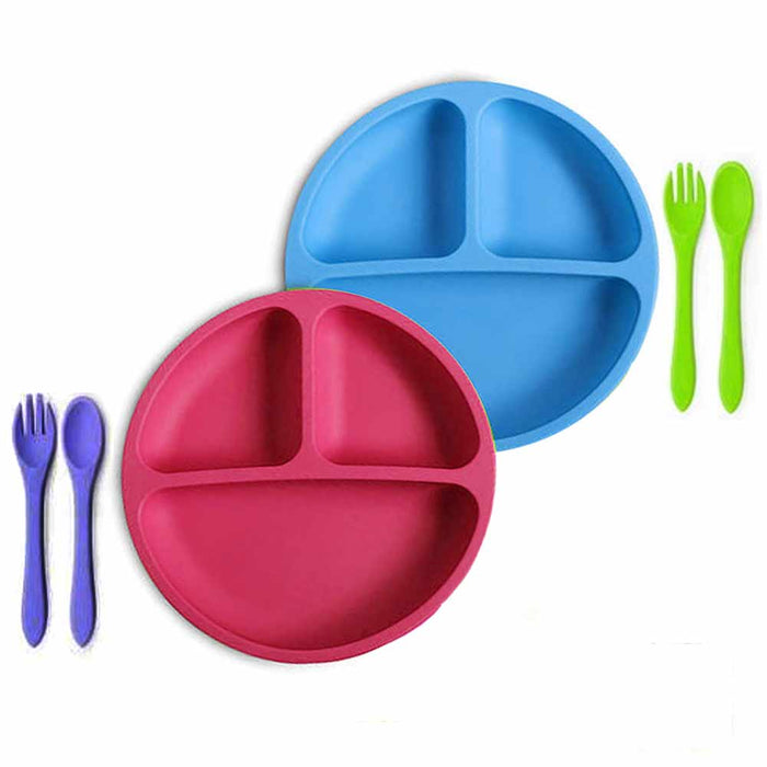 2 Pk Toddler Plates Set 3 Section Divided Baby Feeding Plate Non-Toxic BPA Free