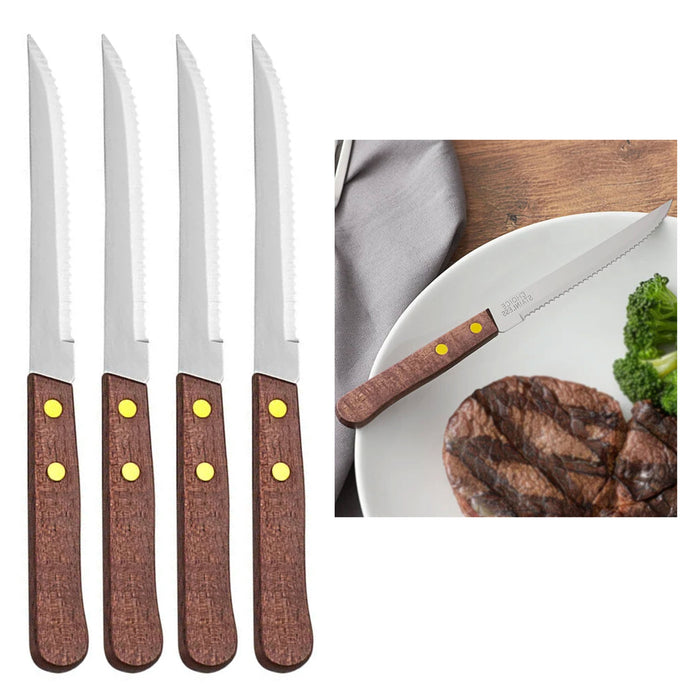 4 Pack Stainless Steel Steak Knives Knife Set Utensil Cutlery Wooden Serrated