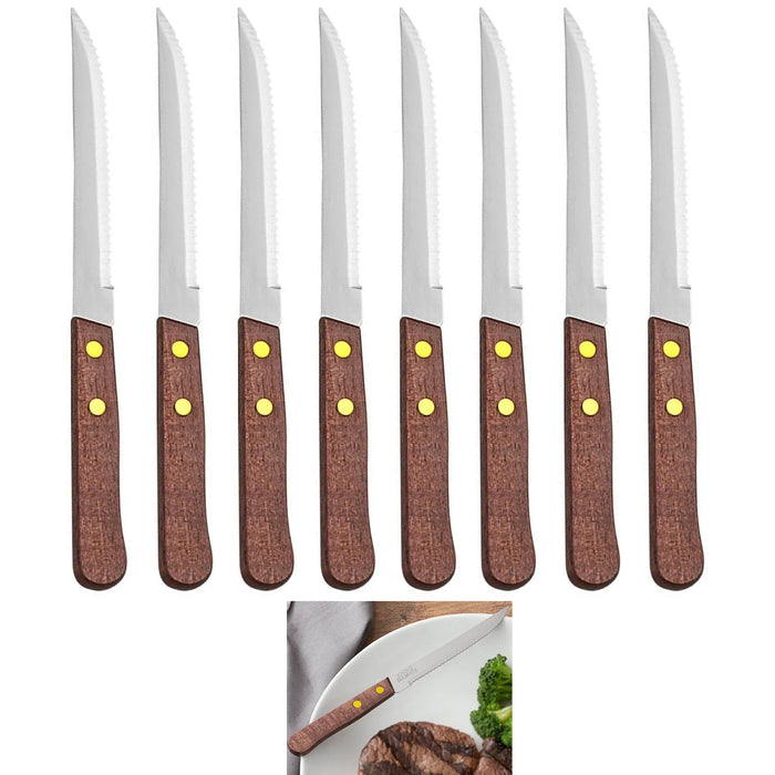 8 Pack Serrated Steak Knives Stainless Steel Knife Set Wooden Utensil Cutlery