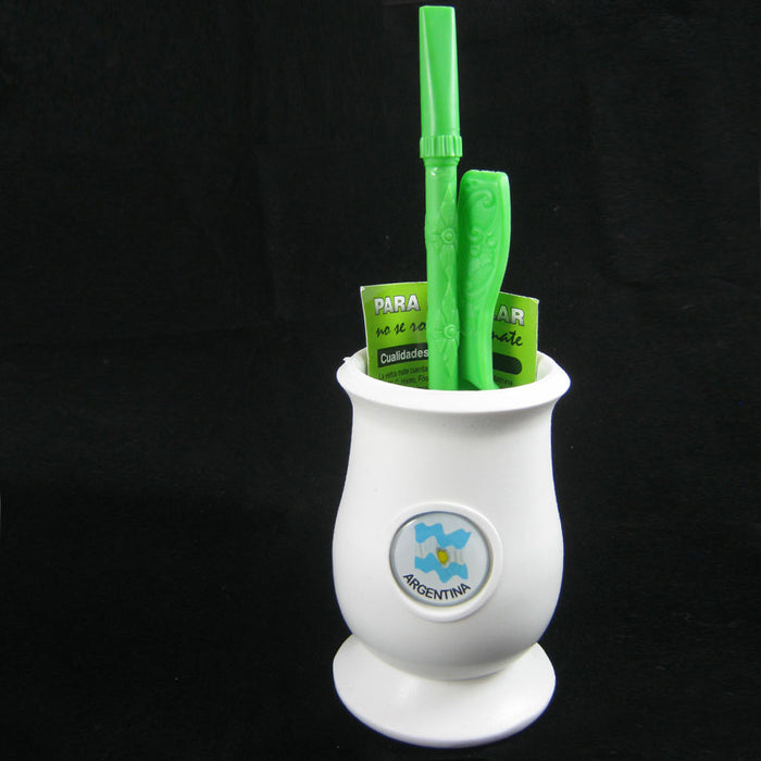 ARGENTINA MATE GOURD YERBA PLASTIC TEA CUP WITH STRAW BOMBILLA KIT 9334 WHITE !!