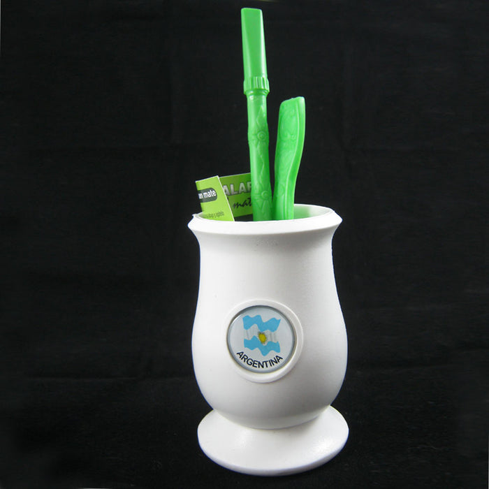 ARGENTINA MATE GOURD YERBA PLASTIC TEA CUP WITH STRAW BOMBILLA KIT 9334 WHITE !!