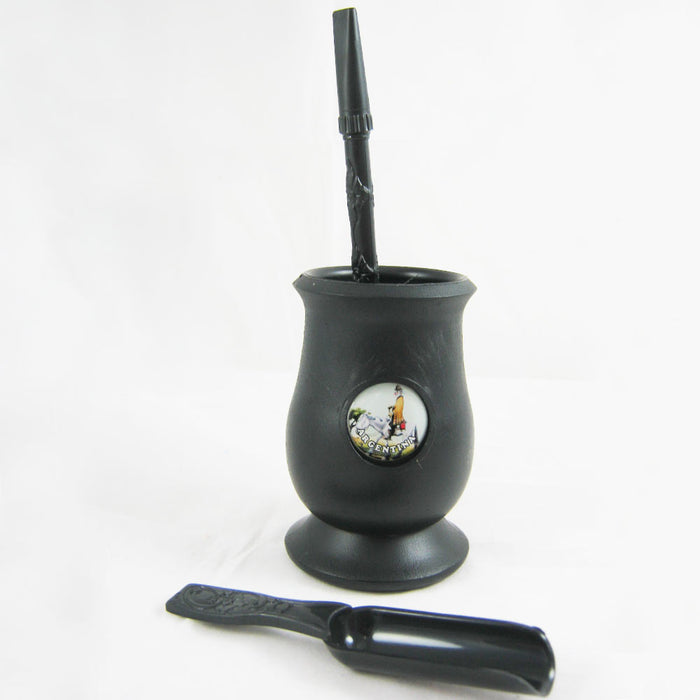 ARGENTINA MATE GOURD YERBA PLASTIC TEA CUP WITH STRAW BOMBILLA KIT GIFT 9334 BLK