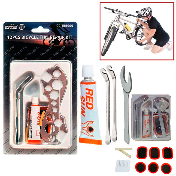 12pc Bike Tire Repair Kit Bicycle Cycle Tube Puncture Patch Levers Spanner Tool