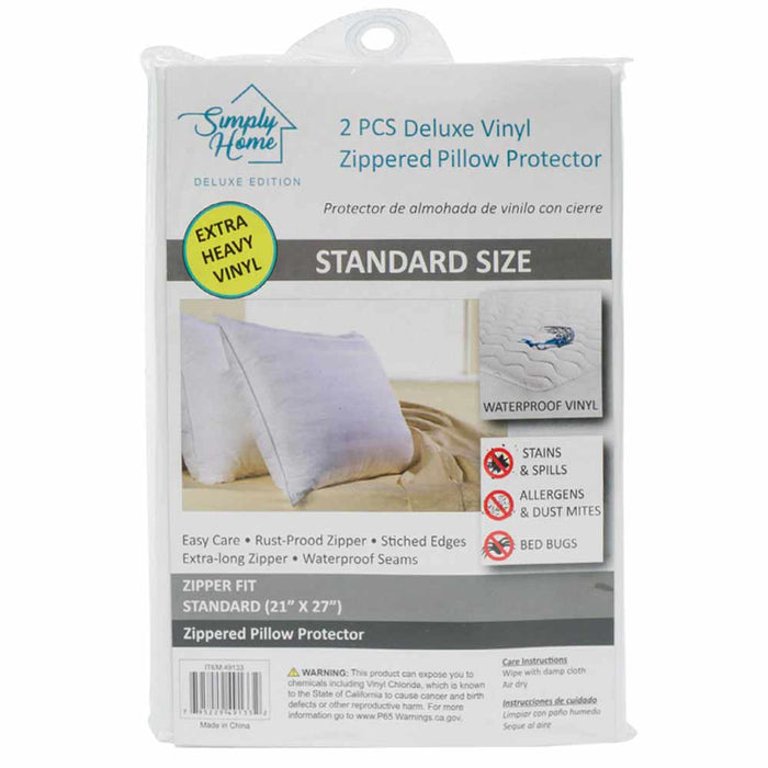 2 Pc Standard Pillow Case Zippered Cover Soft Vinyl Luxury Water Resistant White