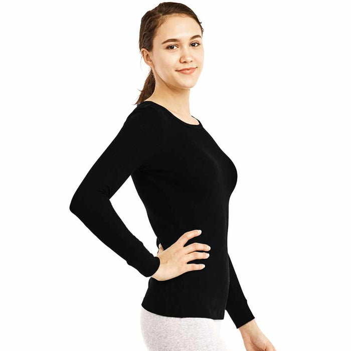 3 Women Thermal Long Sleeve Solid Waffle Knit T-Shirt Top Basic Black Size S M L