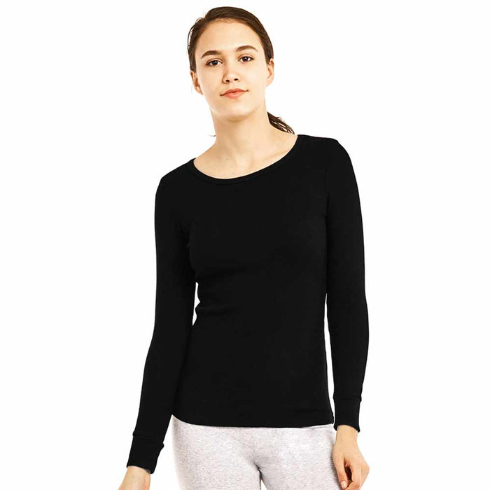 3 Women Thermal Long Sleeve Solid Waffle Knit T-Shirt Top Basic Black Size S M L