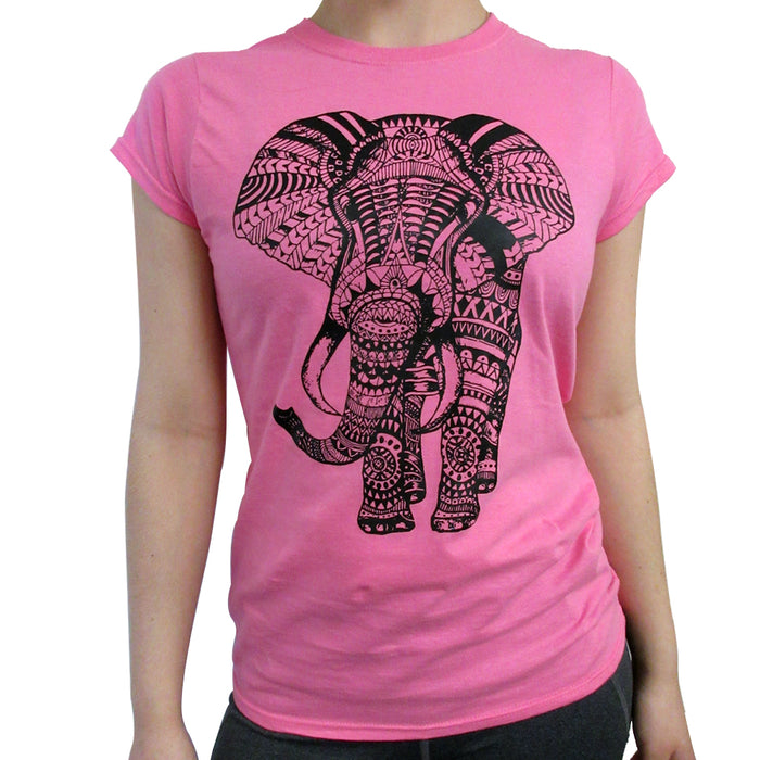 Ladies T-Shirt Hindu Fashion African Elephant Mandala Henna Tank Top Tee Pink XL