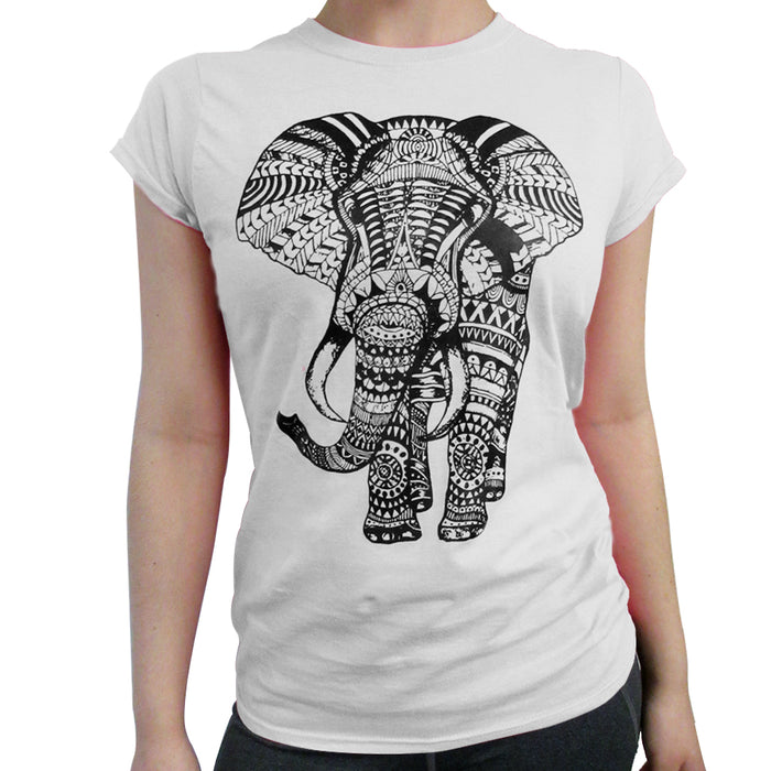 Ladies Tshirt Hindu Fashion African Elephant Mandala Henna Tank Top Tee White 3X
