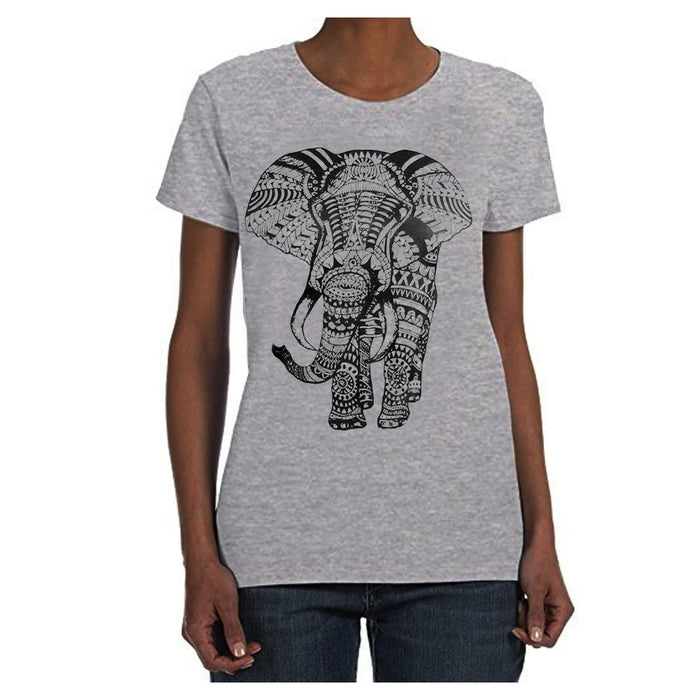 Women T-Shirt Hindu Fashion African Elephant Mandala Henna Tank Top Tee Grey 2XL