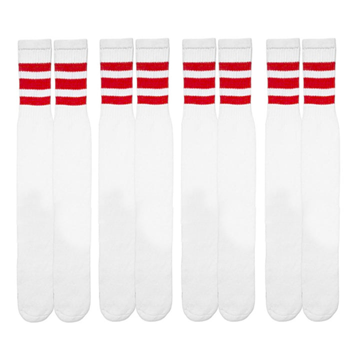 4 Pairs Knee High White Tube Socks Long Athletic Cotton Red Stripes Sports 10-15