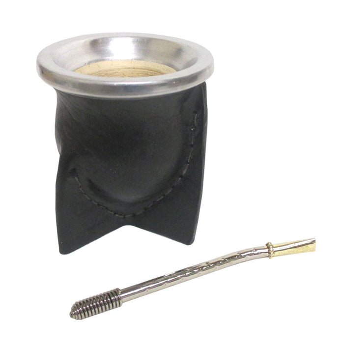 Leather Argentina Mate Gourd Kit Yerba Tea With Bombilla Straw Set Black 8440