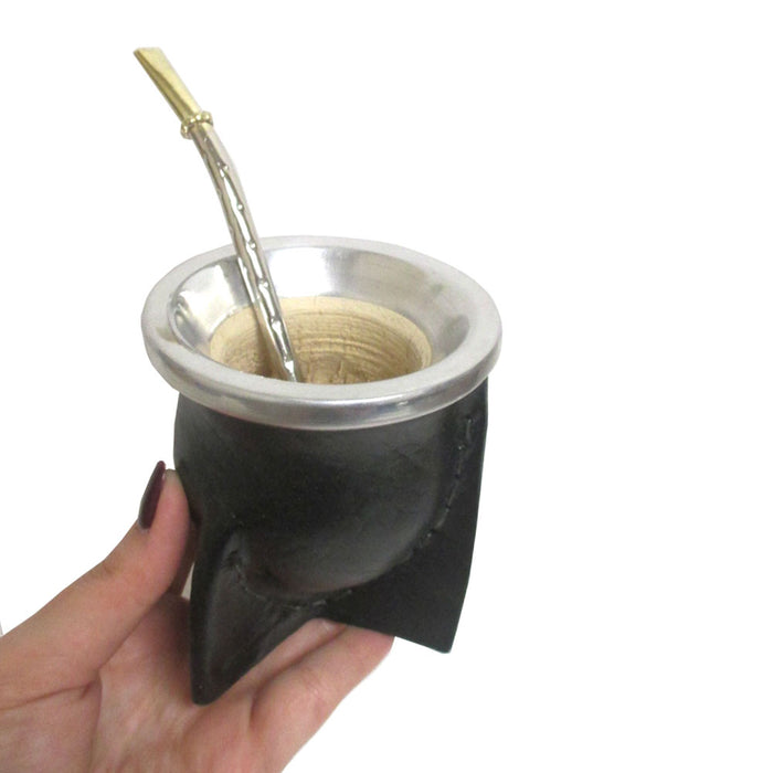 Leather Argentina Mate Gourd Kit Yerba Tea With Bombilla Straw Set Black 8440