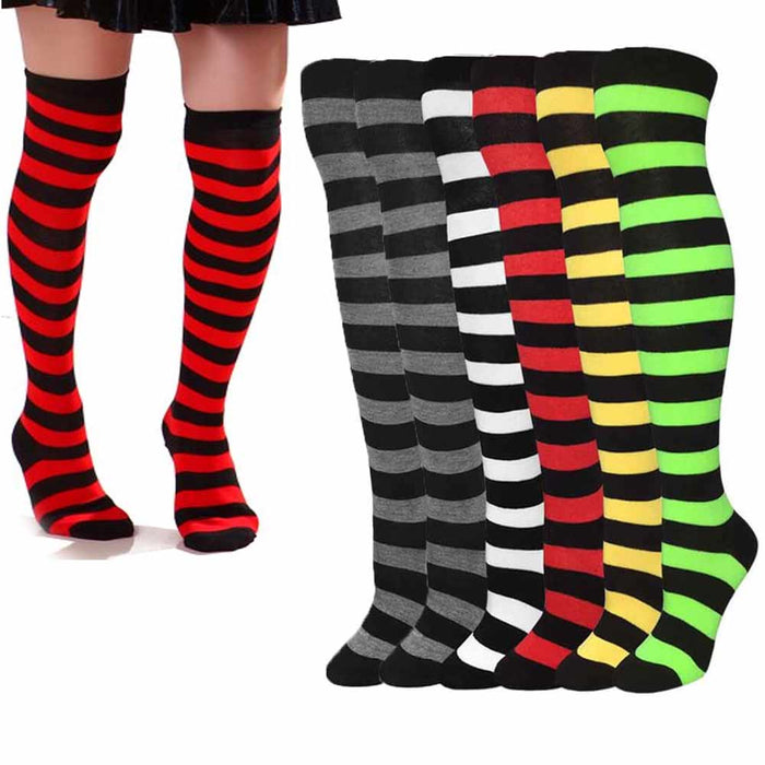 6 Pair Women Girls Long Socks Striped Over The Knee Thigh High Stocking 9-11