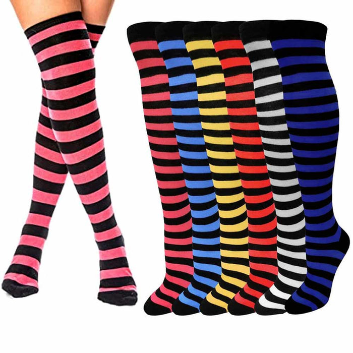 2 Pair Women Girls Long Socks Striped Over The Knee Thigh High Stocking 9-11