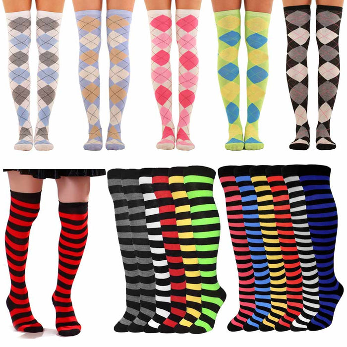 6 Pair Women Girls Long Socks Striped Over The Knee Thigh High Stocking 9-11