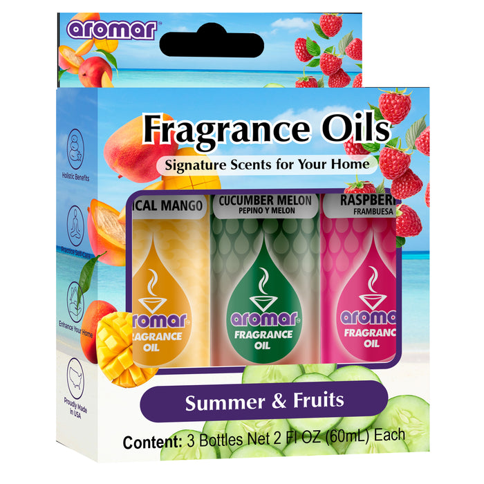 3 Pc Aromatherapy Scented Oils Mango Raspberry Cucumber Melon Fragrance 2oz 60mL